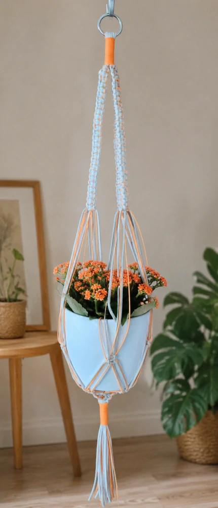 Macramé závěs na květiny – přírodní bavlna + oranžový provázek (ruční výroba)