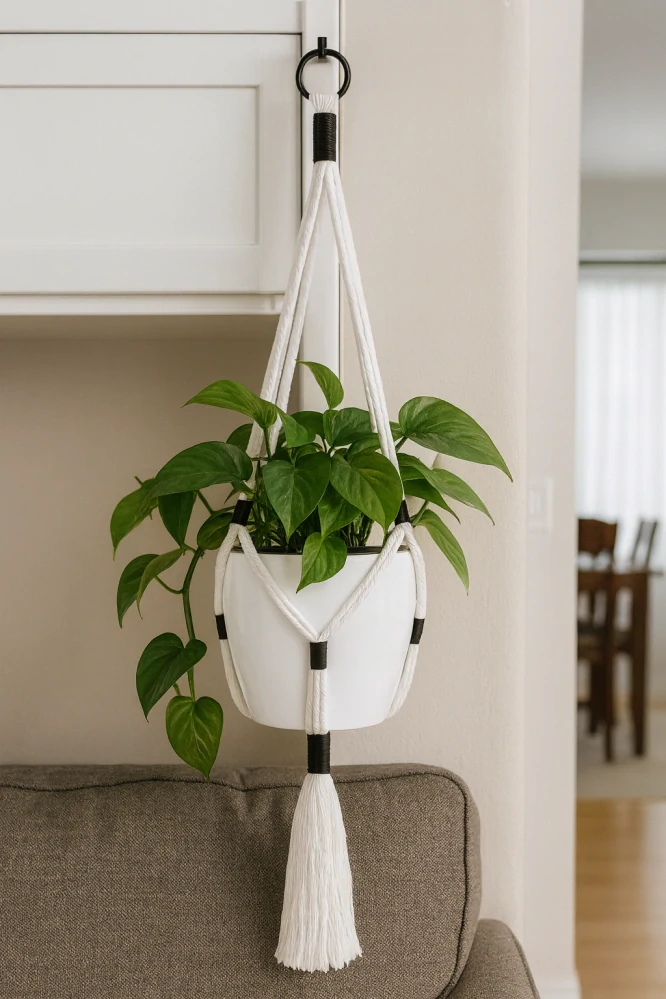 Macramé závěs na květiny – bílá + černá (jin jang, ruční výroba)