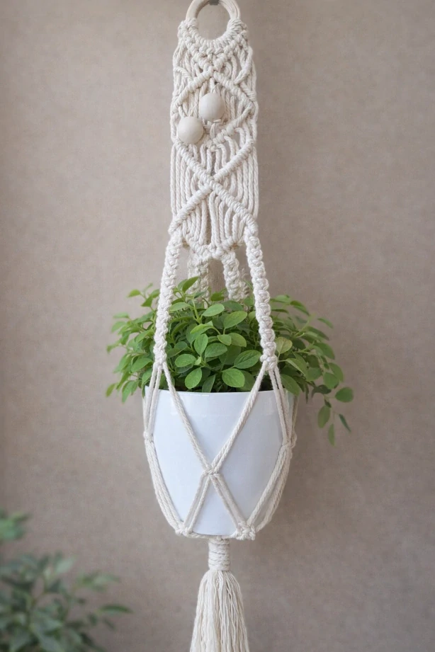 Macramé závěs na květiny – přírodní bavlna + korálky (ruční výroba)