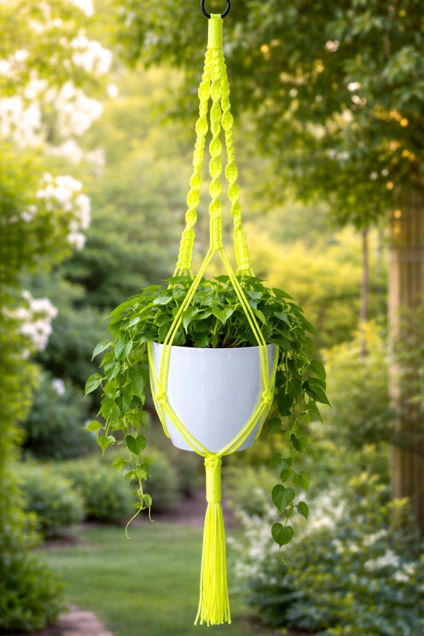 Macramé závěs na květiny – žlutá, neon (ruční výroba)