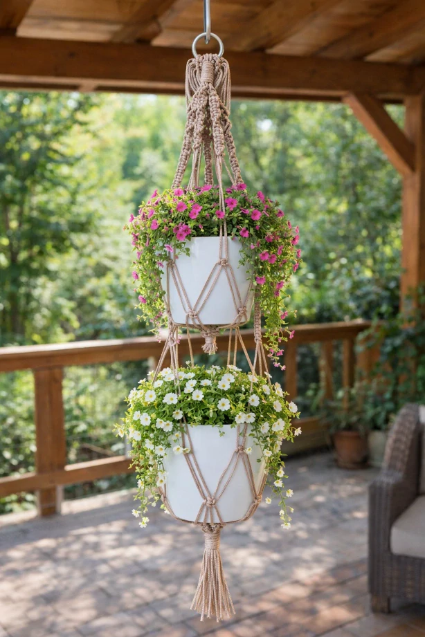 Macramé závěs na květiny – dvojitý, béžový (ruční výroba)