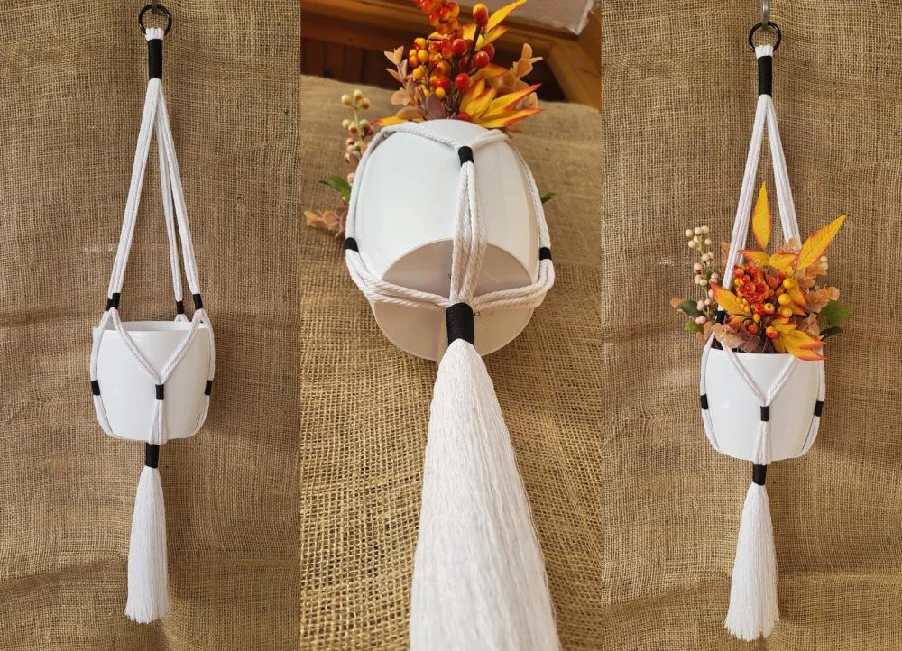 Macramé závěs na květiny – bílá + černá (jin jang, ruční výroba)