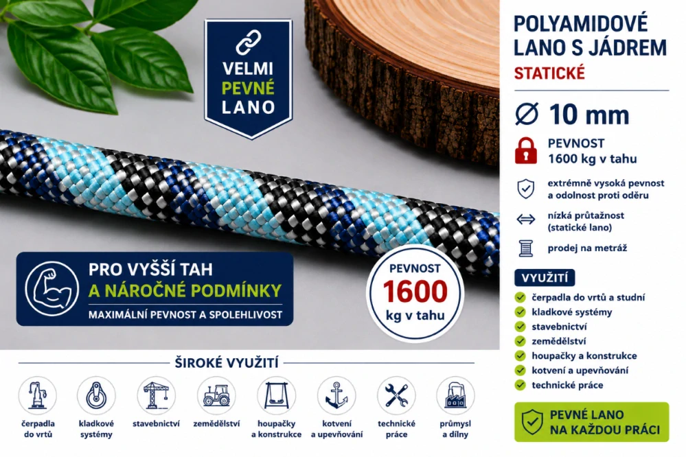 Polyamidové lano s jádrem 10 mm – statické