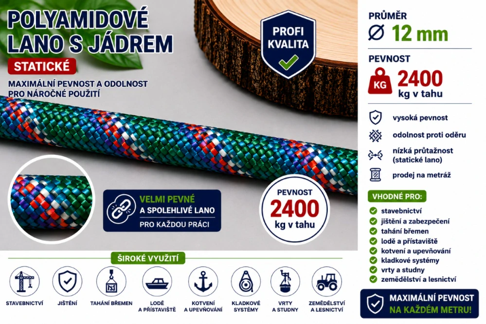 Polyamidové lano s jádrem 12 mm – statické