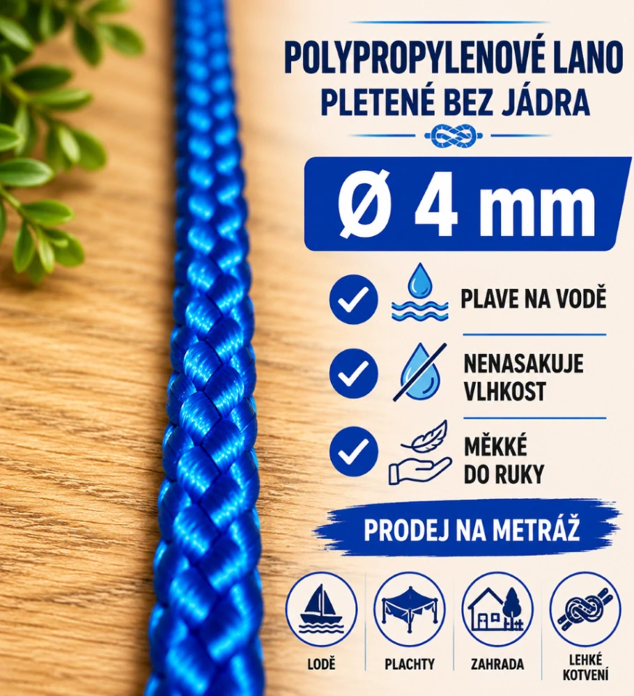 Polypropylenové lano pletené 4 mm bez jádra