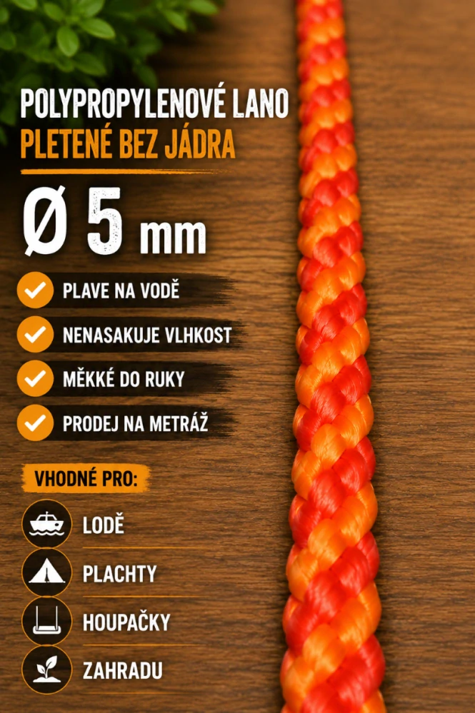 Polypropylenové lano pletené 5 mm bez jádra
