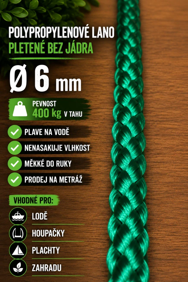 Polypropylenové lano pletené 6 mm bez jádra