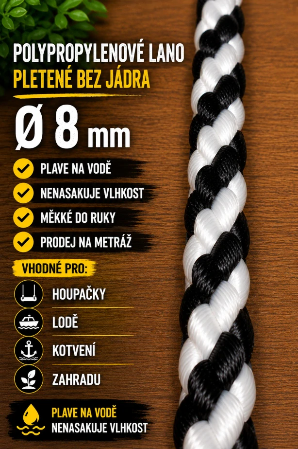 Polypropylenové lano pletené 8 mm bez jádra