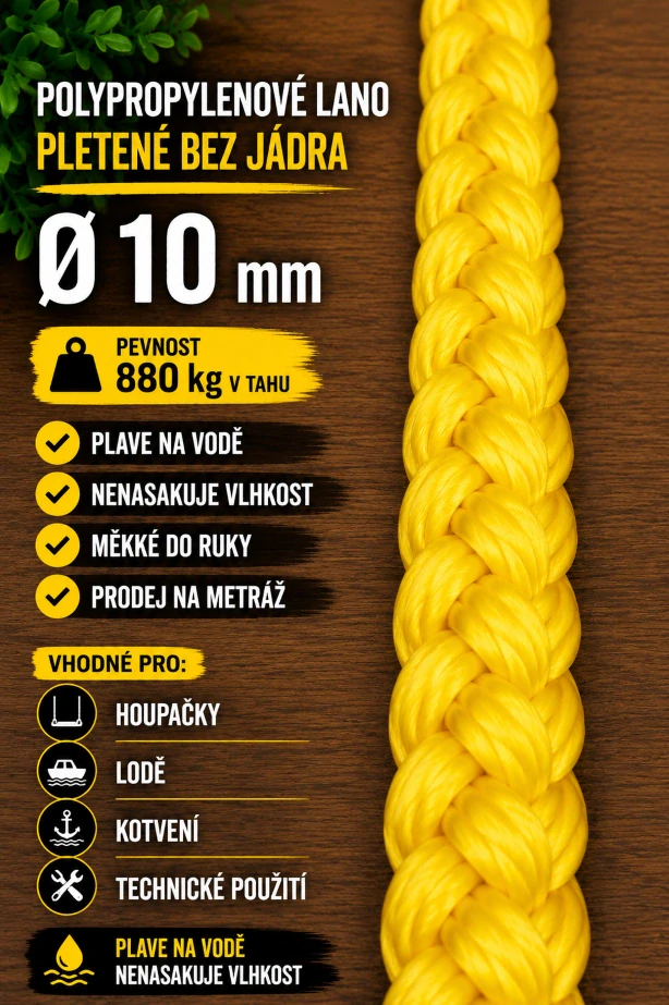 Polypropylenové lano pletené 10 mm bez jádra
