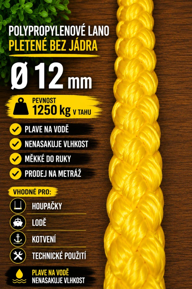 Polypropylenové lano pletené 12 mm bez jádra
