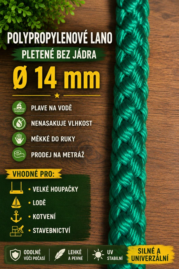 Polypropylenové lano pletené 14 mm bez jádra