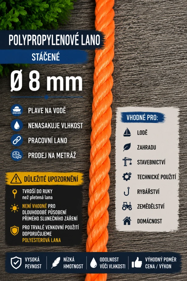 Polypropylenové lano stáčené 8 mm