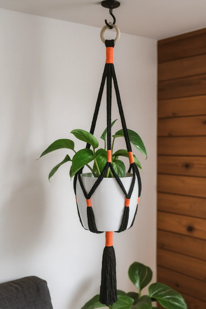 Macramé závěs na květiny – černá + oranžová (ruční výroba)