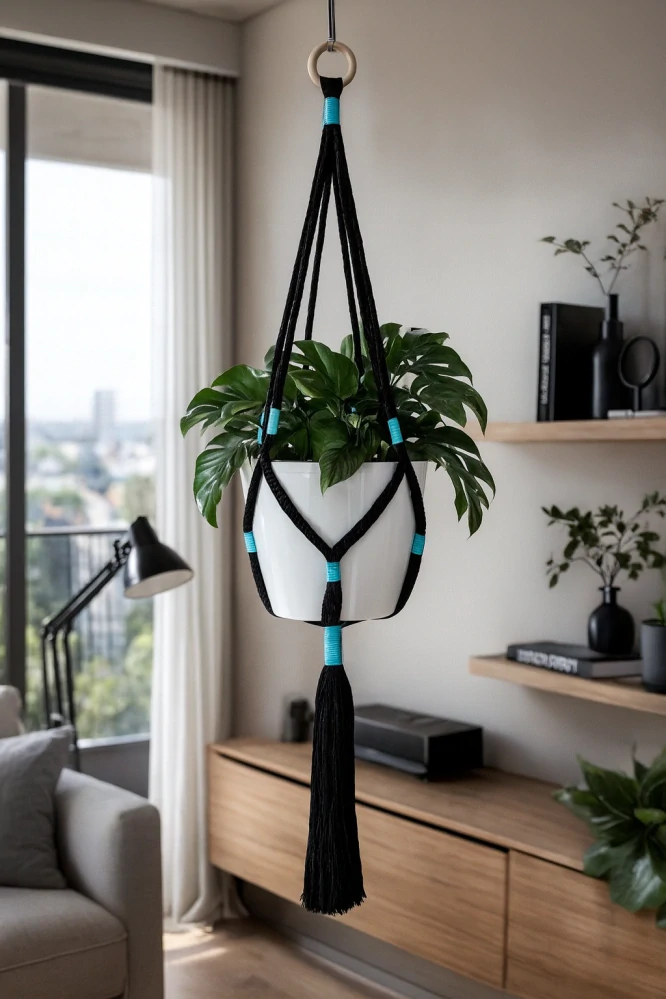 Macramé závěs na květiny – černá + modrá (ruční výroba)