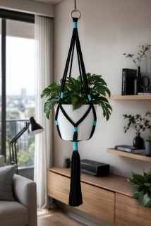 Macramé závěs na květiny – černá + modrá (ruční výroba)