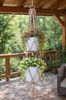 Macramé závěs na květiny – dvojitý, béžový (ruční výroba)